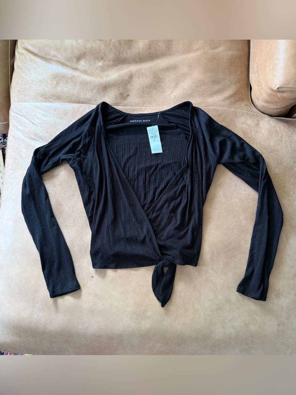 American Eagle Black Ribbed Knit Wrap Tie Front V-Neck Long Sleeve Blouse L NWT